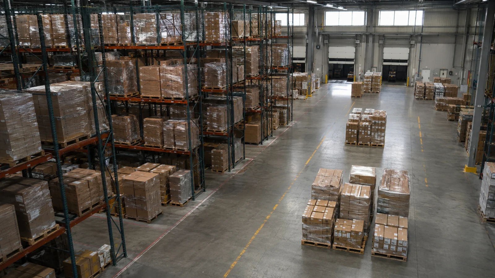 Elevated view across a clean warehouse floor with racked freight