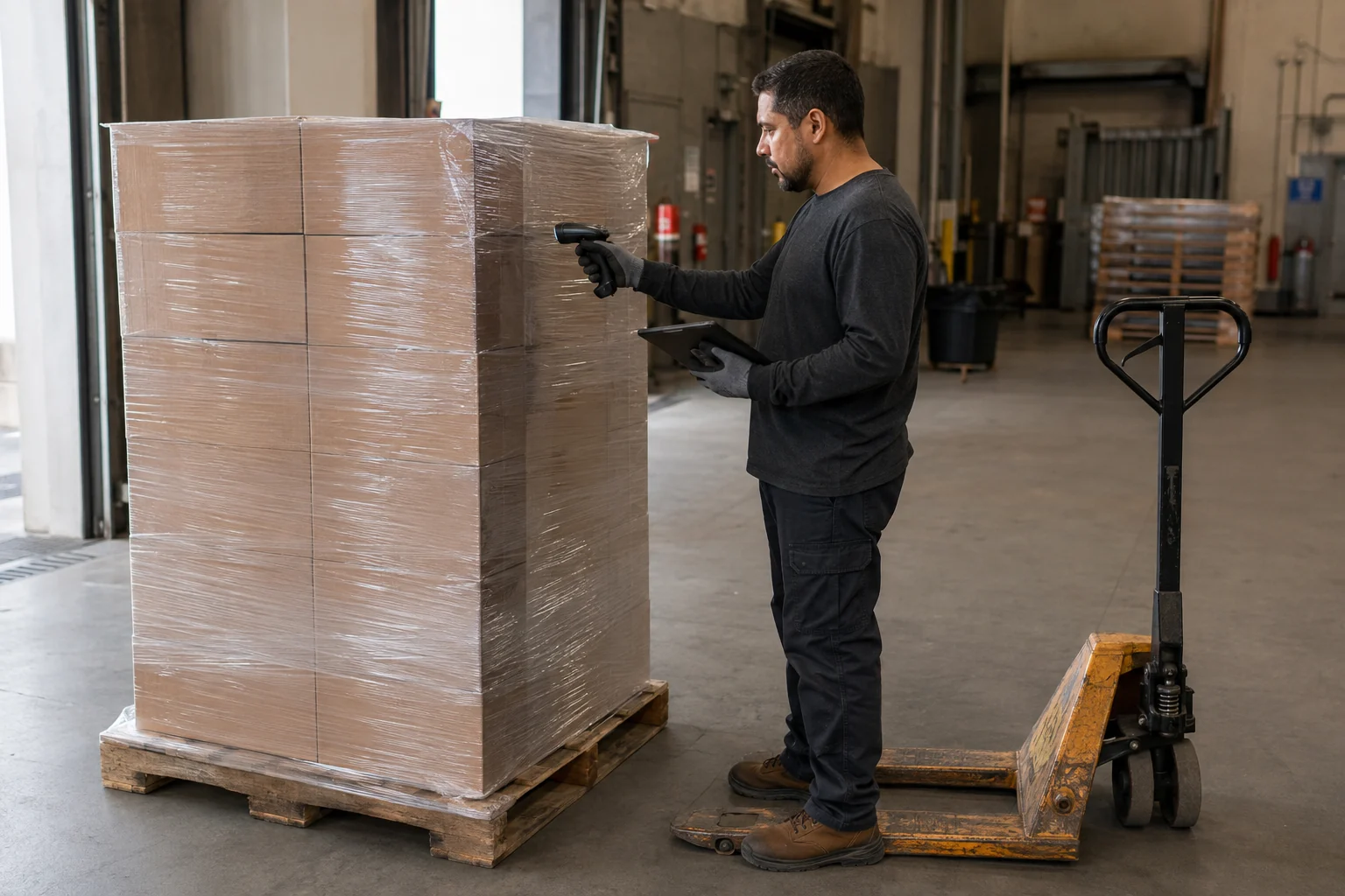 Warehouse worker checking a wrapped pallet with a handheld scanner